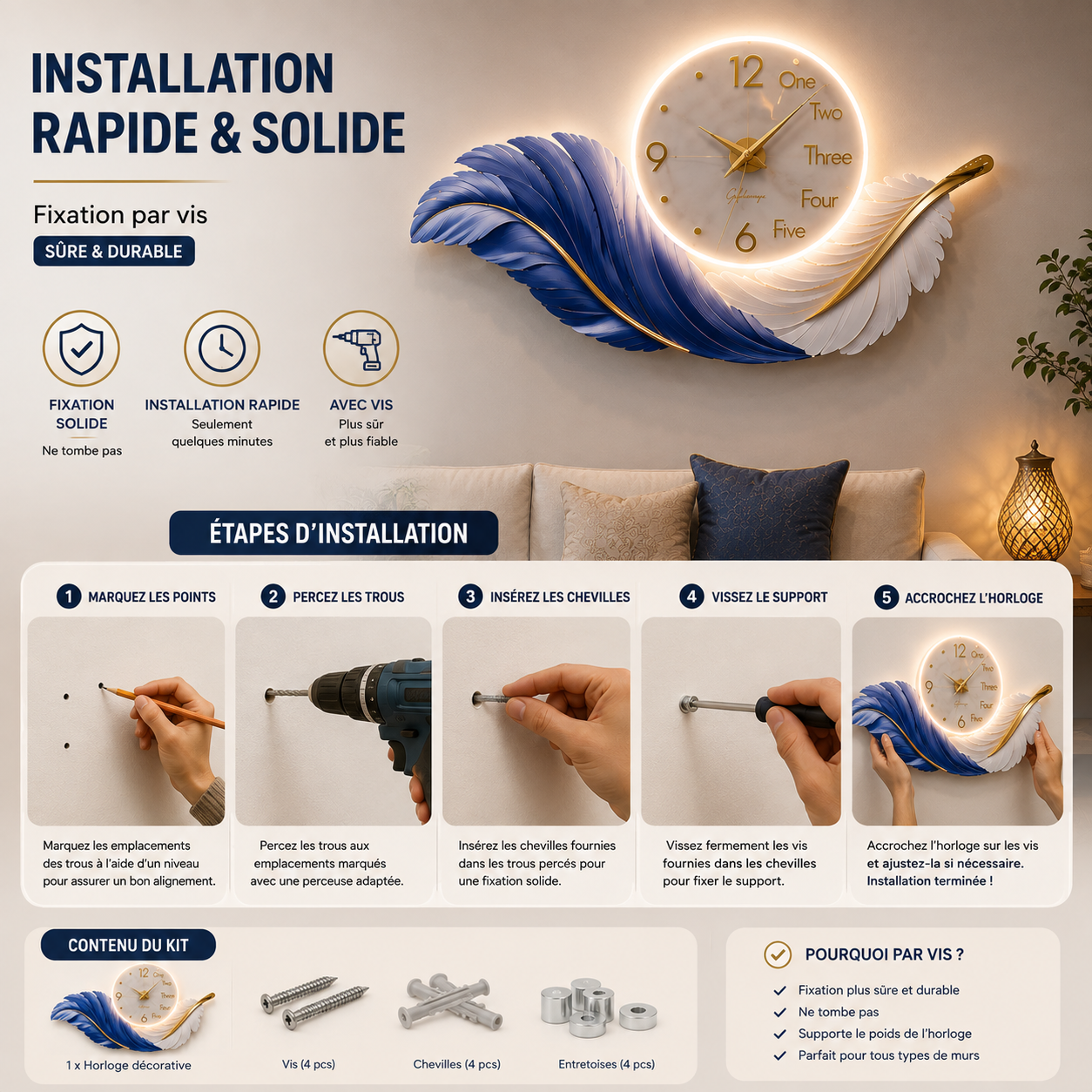 Horloge Murale LED Plume Luxe